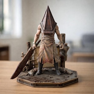 May include: A detailed figurine of a character with a pyramid-shaped head, holding a large sword. The figure is clad in a tattered brown garment and stands on a detailed base with other props. The color palette is primarily brown and gray, with some red accents.