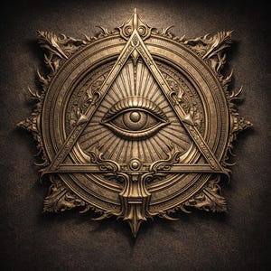 May include: A detailed, bronze-colored emblem featuring an all-seeing eye within a triangle, set against a radiating sunburst design. The emblem is surrounded by an ornate circular frame with decorative flourishes, creating a vintage, symbolic aesthetic.
