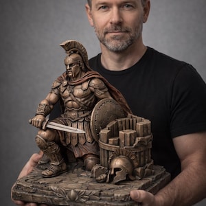 Puede incluir: Estatua de guerrero espartano de color bronce, arrodillado con espada y escudo. La estatua incluye un casco, una pequeña fortaleza y una base. La figura mide unos 30 cm de altura.