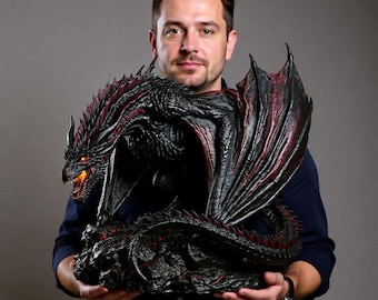Black Fire Dragon STL File Dark Fantasy Dragon Statue Printable Winged Dragon Model for Collectors Display Decor