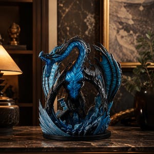 May include: A detailed dragon figurine featuring a black and blue color scheme. The creature is depicted in a dynamic pose with its wings spread, perched atop a base of jagged blue crystalline structures. The dragon has a textured body.