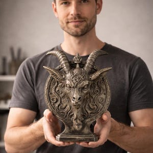 Op de afbeelding: Een bronzen sculptuur van een geitenkop met grote gebogen hoorns, een kroon en een gedetailleerd cirkelvormig frame. De sculptuur wordt vastgehouden voor een persoon die een grijs t-shirt draagt.
