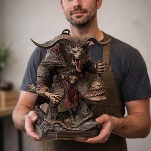 Op de afbeelding: Gedetailleerd, bruin en bronzen fantasiebeeldje van een gehoornde demon met een grijnzend gezicht, die een bel vasthoudt. Het beeldje heeft ingewikkelde bepantsering en een rode doek. De basis is een steenachtige structuur. Het beeldje is ongeveer 30 cm hoog.