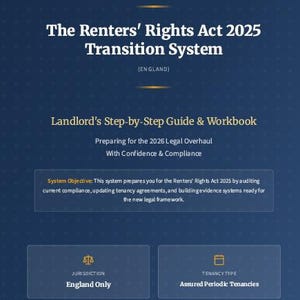 Puede incluir: Un documento azul oscuro titulado "The Renters' Rights Act 2025 Transition System" para Inglaterra. Incluye una guía paso a paso y un cuaderno de trabajo para la revisión legal de 2026, con secciones sobre jurisdicción y tipo de tenencia.