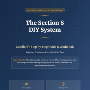 Puede incluir: Una guía azul oscuro titulada "The Section 8 DIY System" con el texto "Landlord's Step-by-Step Guide & Workbook". Incluye información sobre la recuperación de la posesión y un objetivo del sistema. La jurisdicción es solo Inglaterra.
