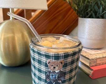 Embroidered Bear Coffee Cozy for Weck Jar 0.5L; Reusable, Insulated Cup Sleeve