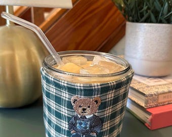 Embroidered Bear Coffee Cozy with Optional Handle; Reusable Insulated Cup Sleeve