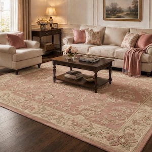 Luxe roze bloementapijt, handgetuft wollen vloerkleed, blushroze woonkamertapijt, tapijt in Oushak-stijl, handgemaakt slaapkamertapijt, groot vintage tapijt