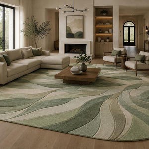 May include: A spacious living room with a cream-coloured corner sofa, two armchairs, and a wooden coffee table. A large rug with a leaf-like pattern in green and beige tones covers the floor. The room has large windows and a fireplace.