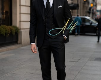 Men’s Black 3 Piece Suit | Slim Fit Double Breasted Vest Outfit