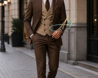 Costume 3 pièces marron pour homme | Ensemble gilet croisé beige