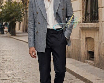 Men’s Grey Double Breasted Blazer Set | Black Pants Formal Suit