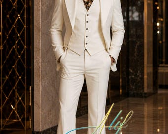 Men’s Off White Retro 3 Piece Suit | Flared Wedding Outfit