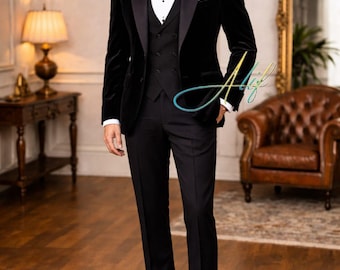 Men’s Black Velvet Tuxedo 3 Piece Suit | Custom Tailored Wedding Suit