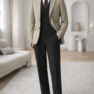 Men’s Checked 3 Piece Suit | Beige Tan Check Lounge Coat with Black Waistcoat & Trousers