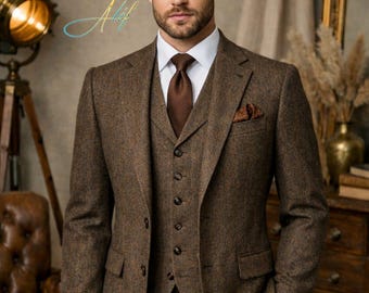 ブラウンツイード3ピーススーツ｜ベストとパンツ付きカスタムメイド