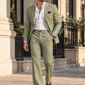 Saliegroen pak voor heren | Olijfgroene tweedelige outfit