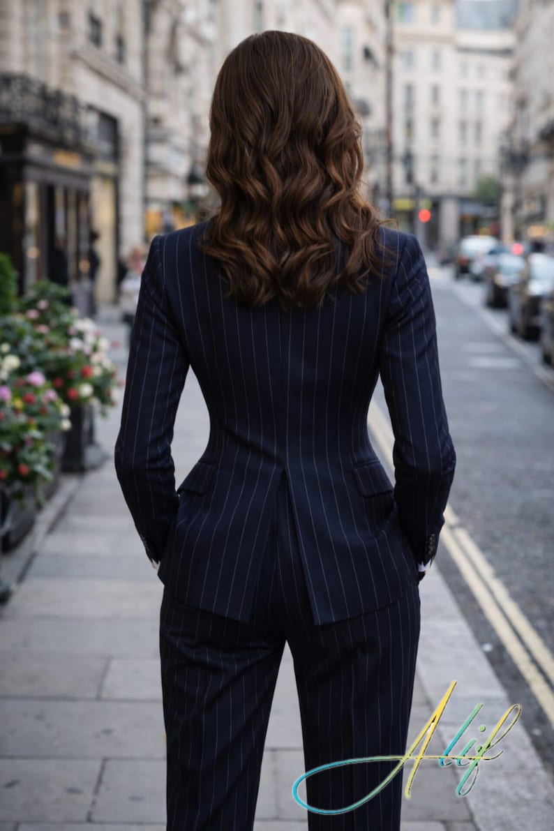 Pu&ograve; includere: Un completo gessato blu navy con una vestibilit&agrave; su misura. La giacca ha una vita sagomata e i pantaloni sono a gamba dritta. La persona si allontana dalla fotocamera in una via della citt&agrave;. Il completo &egrave; un classico abbigliamento da lavoro.
