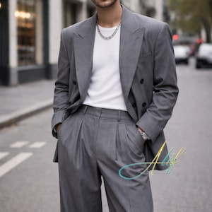Men’s Grey Double Breasted Suit | Relaxed Fit Peak Lapel Wide Leg Formal Outfit