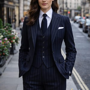 May include: Navy blue pinstripe suit with a white dress shirt and navy tie. The suit includes a blazer, vest, and trousers. A white pocket square is visible. The outfit is worn in an urban setting.