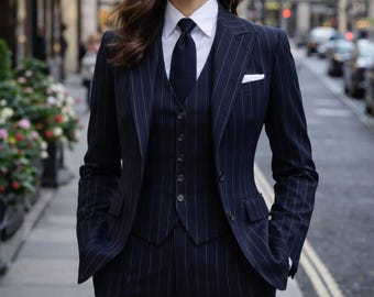 Pode incluir: Terno risca de giz azul marinho com camisa branca e gravata azul marinho. O terno inclui um blazer, colete e calças. Um lenço de bolso branco é visível. A roupa é usada em um ambiente urbano.