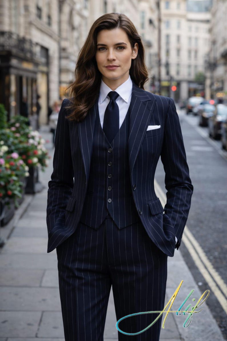 Pu&ograve; includere: Completo gessato blu navy con camicia bianca e cravatta blu navy. Il completo comprende una giacca, un gilet e pantaloni. &Egrave; visibile un fazzoletto da taschino bianco. L'outfit &egrave; indossato in un ambiente urbano.