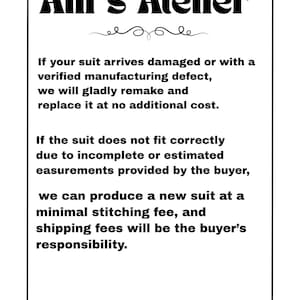 May include: A white rectangular sign with black text that reads "Alif's Atelier." The sign details the atelier's policy on damaged suits and incorrect fit due to buyer measurements. Decorative flourishes frame the text.