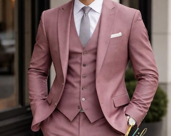 Herren Dusty Rose 3-teiliger Anzug | Slim Fit Pink Hochzeit & formelle Outfit