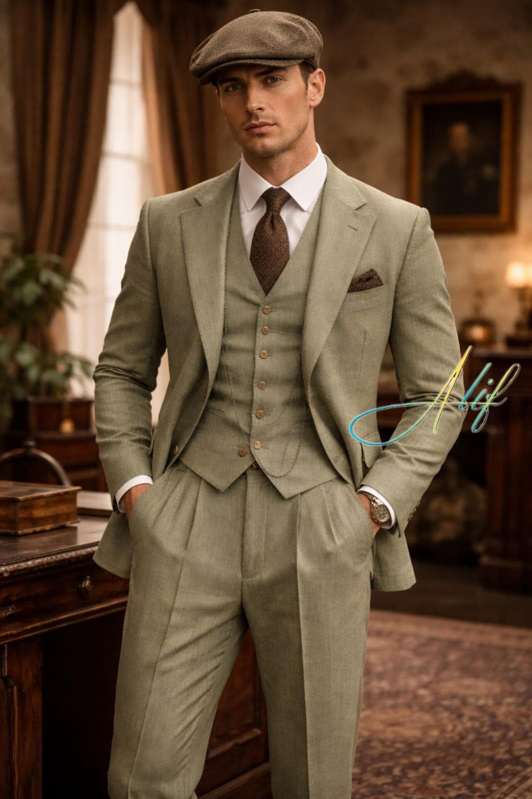 Men's Sage Green Linen 3 Piece Suit Custom Tailored Vintage Set