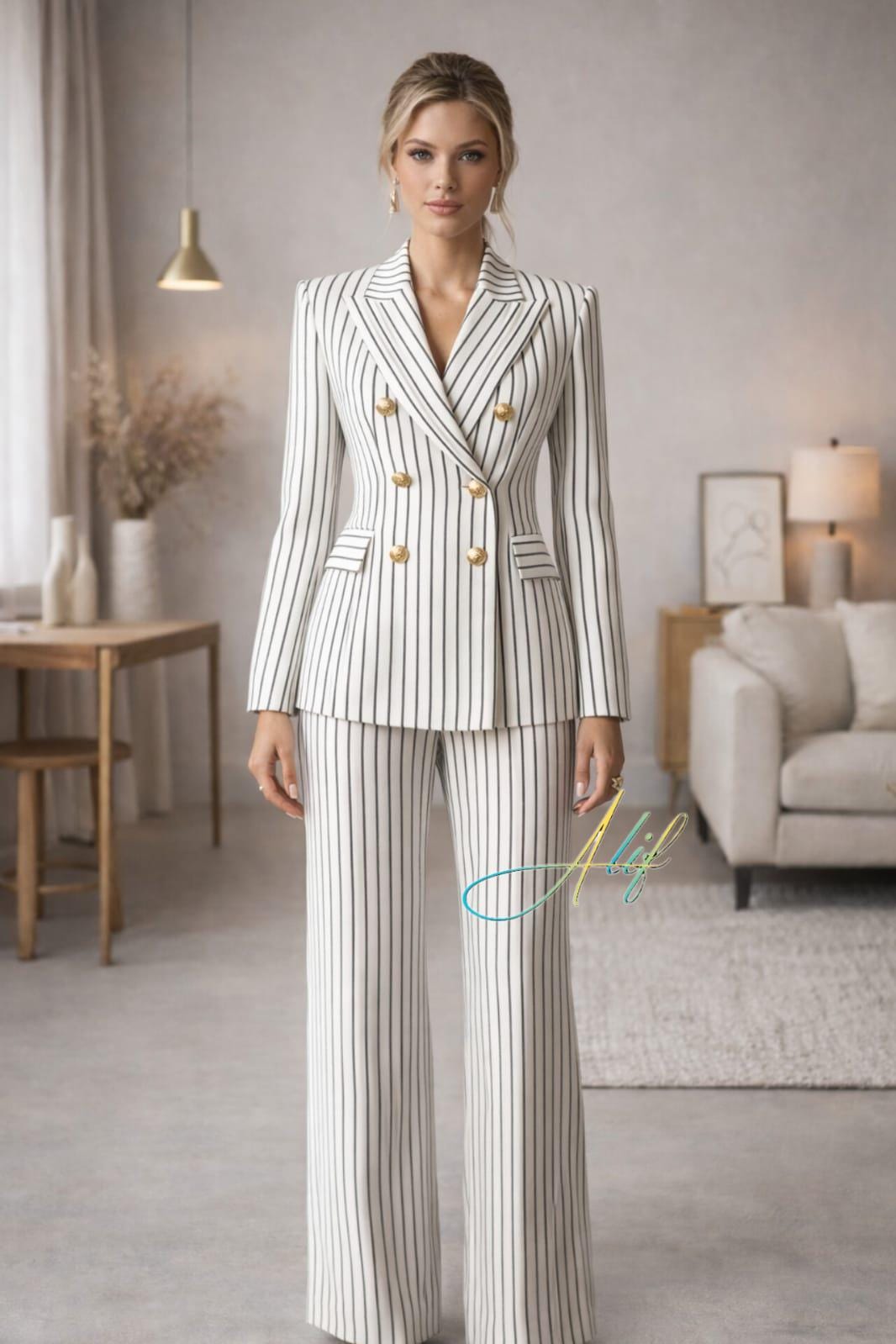 White Pantsuit With Gold