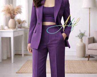 Traje morado para mujer / Conjunto de blazer cruzado y pantalón