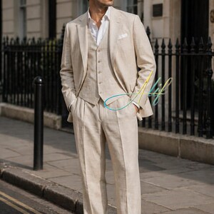 Completo estivo da uomo a tre pezzi in lino beige / vestibilità regolare