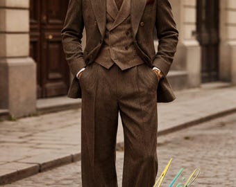 グリーンツイード3ピーススーツ、オーダーメイドメンズウェディング