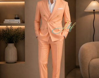 Traje cruzado color melocotón para hombre / Traje de boda de corte ajustado