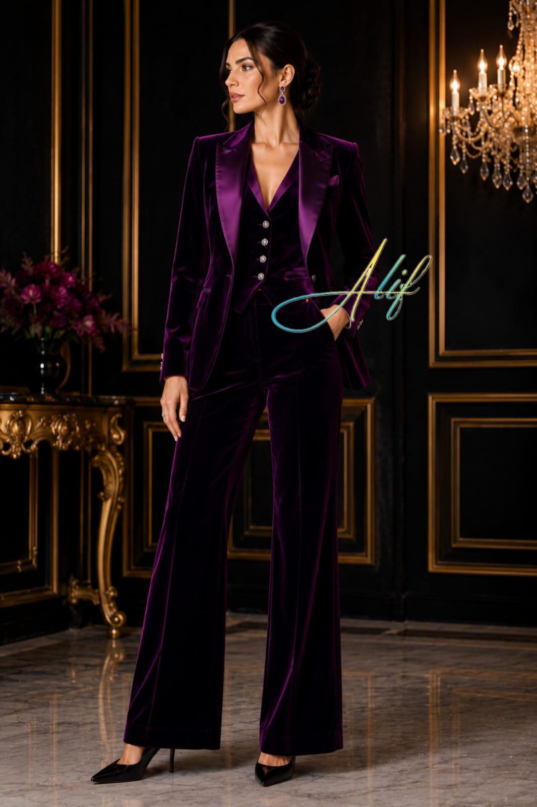 Women's Plum Velvet 3 Piece Suit Flared Leg Formal Outfit