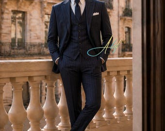 Traje de hombre de tres piezas a rayas azul marino / Traje de negocios a medida