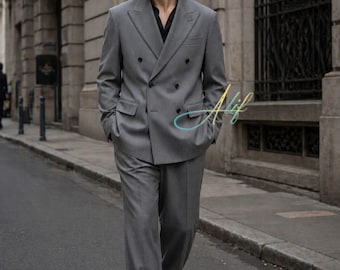 Men’s Grey Double Breasted Suit | Custom Tailored Formal Outfit