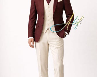 Traje de tres piezas para hombre en color granate y crema / Traje de boda con contraste