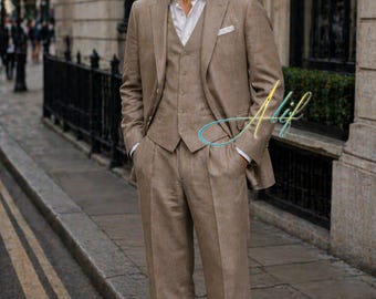 Men’s Hazelnut Linen 3 Piece Suit | Relaxed Fit Brown Outfit