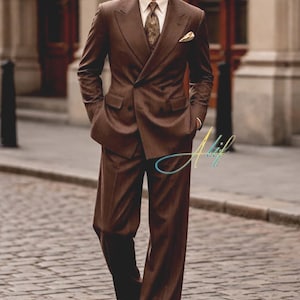 Men’s Vintage Chocolate Brown Double Breasted Suit | Tailored Power Suit with Wide Leg Trousers