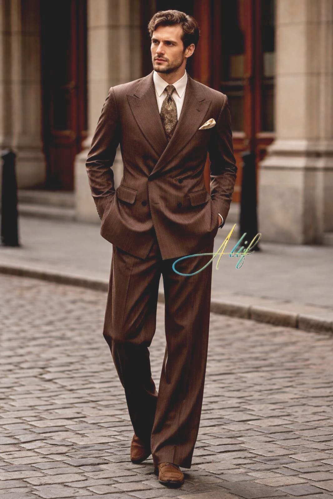 90S JAPAN VINTAGE DOUBLE SUITS ブラウン系 L相当 ヴィンテージスーツ