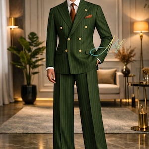 Men’s Green Pinstripe Double Breasted Suit | Vintage 1920s Style Wide Leg Trousers