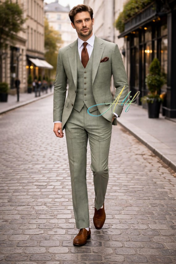 Men's Sage Green 3 Piece Suit | Slim Fit Summer Wedding Suit