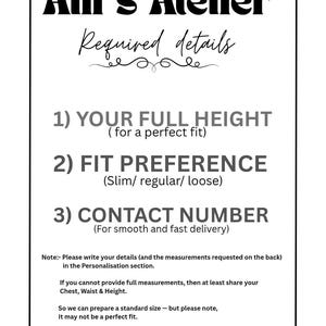 May include: A white sign with black text from Alif's Atelier, requesting customer details for custom orders. The sign asks for full height, fit preference (slim, regular, loose), and contact number. Additional notes are included.