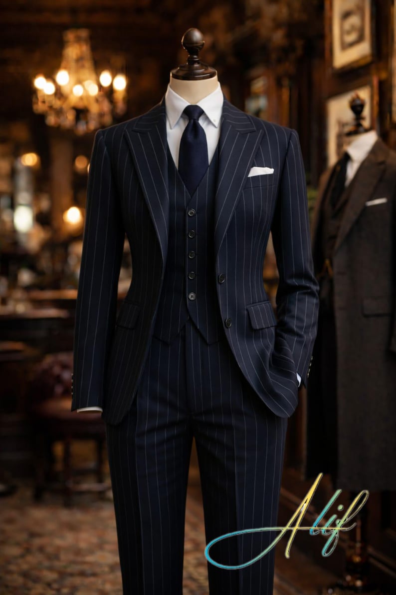 Pu&ograve; includere: Un completo gessato blu navy esposto su un manichino. L'abito include giacca, gilet e pantaloni, abbinati a una camicia bianca e cravatta blu navy. Un fazzoletto bianco &egrave; nel taschino della giacca.