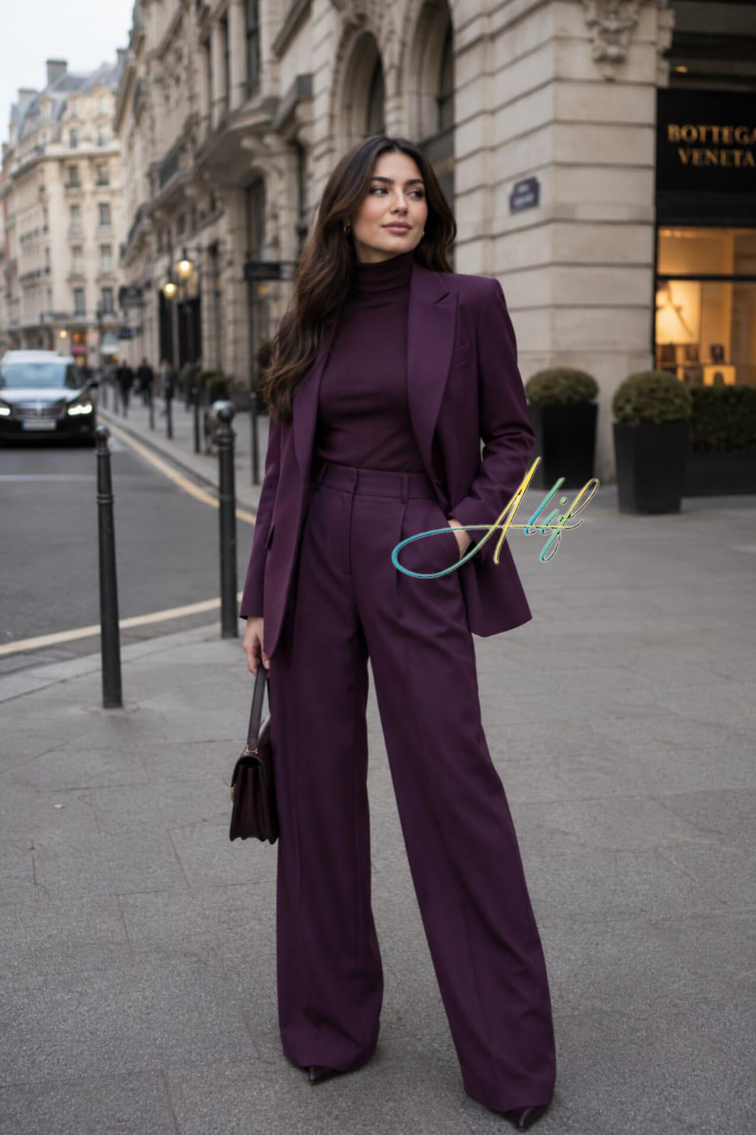 Women's Plum Tailored Suit Wide Leg Pantsuit Set
