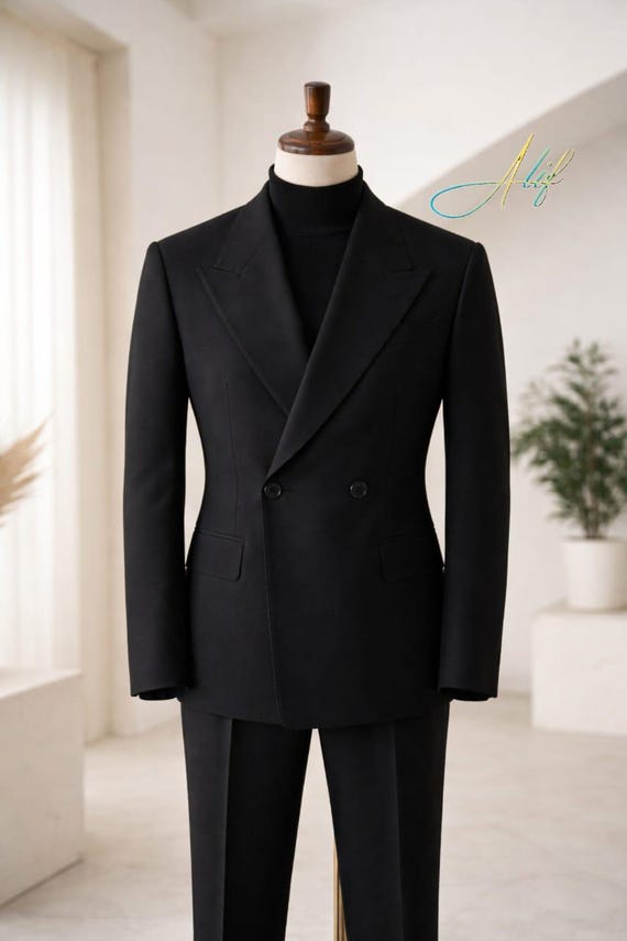 mens black double breasted suit | Custom tailored business outfit