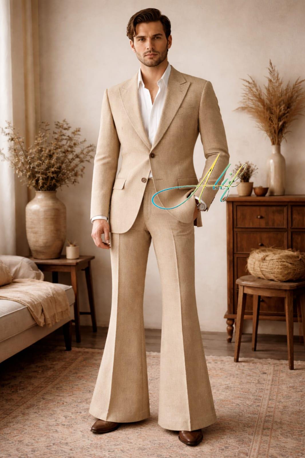 Men's Beige Linen Suit Vintage Flared Pants Set