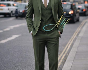 Olivgrüner 3-teiliger Herrenanzug | Maßgeschneidertes Hochzeitsoutfit
