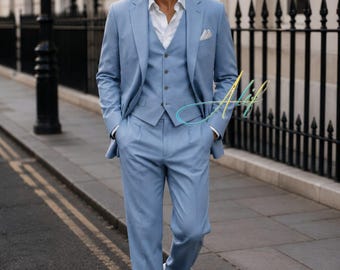 Traje de tres piezas azul claro para hombre / Traje de boda ajustado